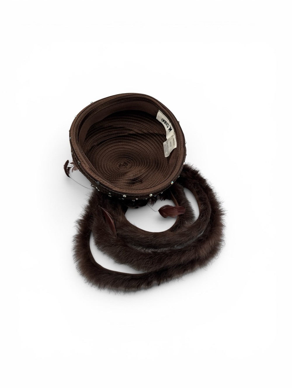 Vintage ML Studio Brown Rhinestone Genuine Fur & Feather Derby Cocktail Hat OS - Picture 7 of 9